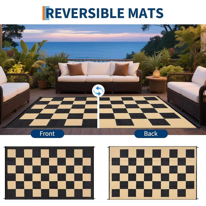 Outdoor Rug Checkerboard Geometric Plaid Pattern, Waterproof Plastic Straw Rug, UV Resistant Foldable Outdoor Rug