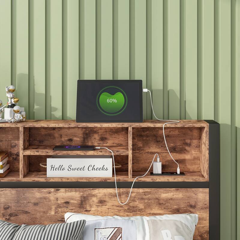 Twin Size Bed Frame with Storage Headboard for Teens Adult Bedroom Metal Platform Bed Built-in 2 Sockets and 2 USB Ports