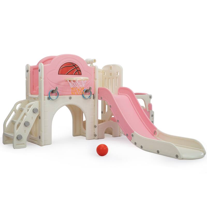 Bus-Themed 9-in-1 Kids Slide & Climbing Playset,Freestanding Castle Playhouse