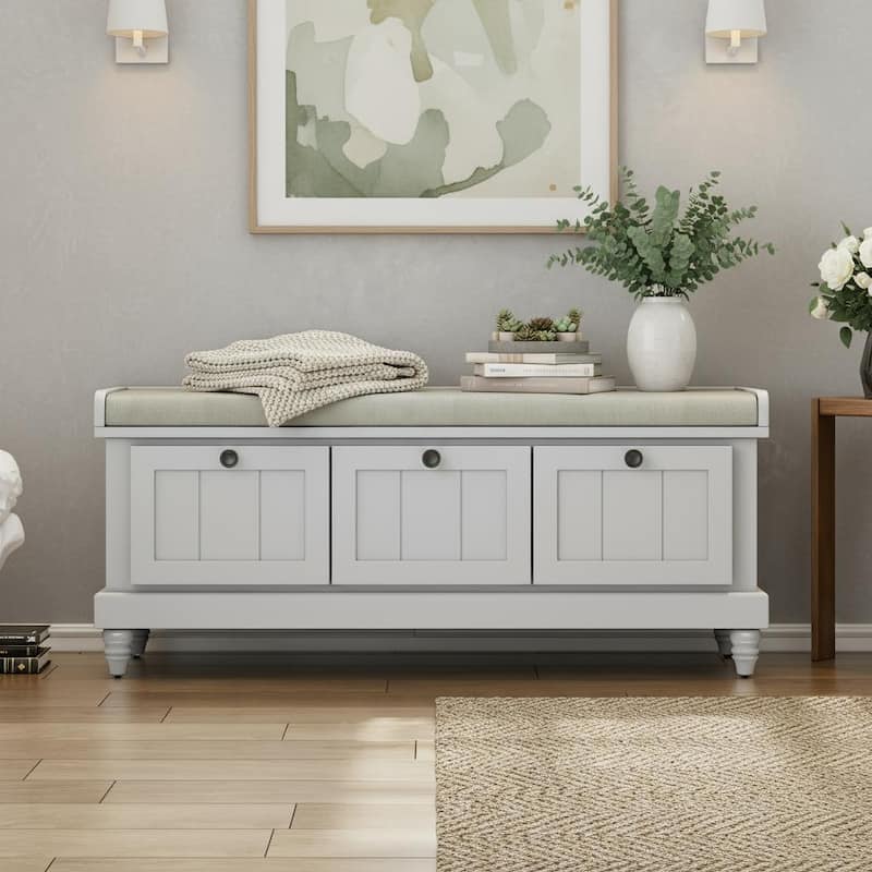 Classic Fluted Shoe Bench with Cushioned Top & Three Drawers by Harper&Bright Designs - Grey