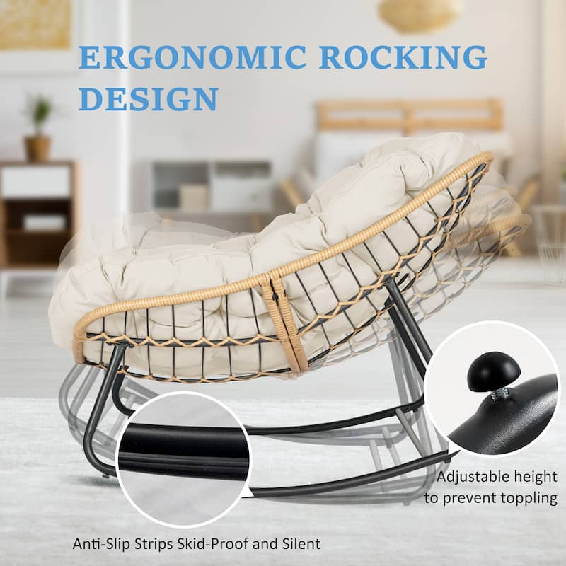 Outdoor Papasan Rocking Chair, Patio Chair Indoor Egg Royal Rattan Rocking Chair with Cushion - 33" W x 16.1" D x 29.9" H