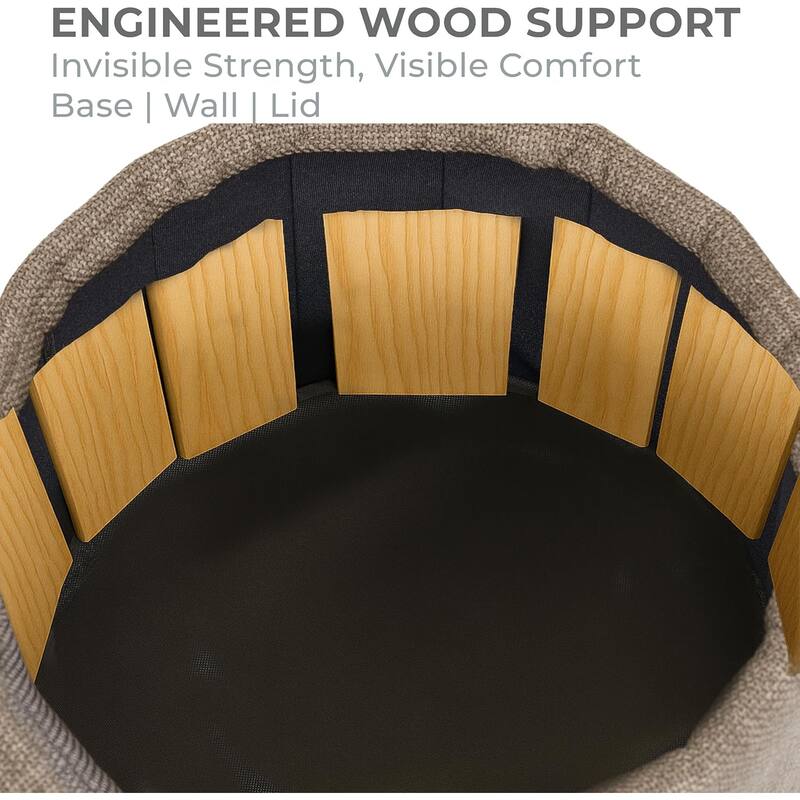 Modern Linen Ottoman with Pine Legs and Hidden Storage Flip Tray