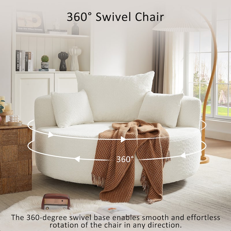 56"W Oversized Swivel Round Lounge Chair, Modern Chenille Accent Chair with 3 Pillow, Upholstered Single Sofa Chair