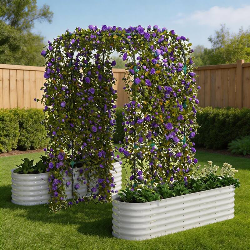 96Inch Tall Vertical Arch Trellis Galvanized Raised Garden Bed Planter Box Includes Plant Clips and Drainage Netting Beige - Off-White