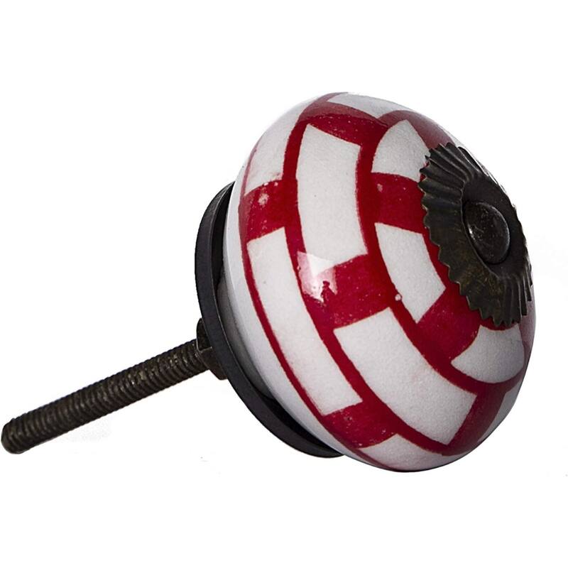 Set of 12 Round Red White Geometric Ceramic Cabinet Drawer Pulls Knobs with Copper Finish - 1.5” x 1.5” x 1.5”