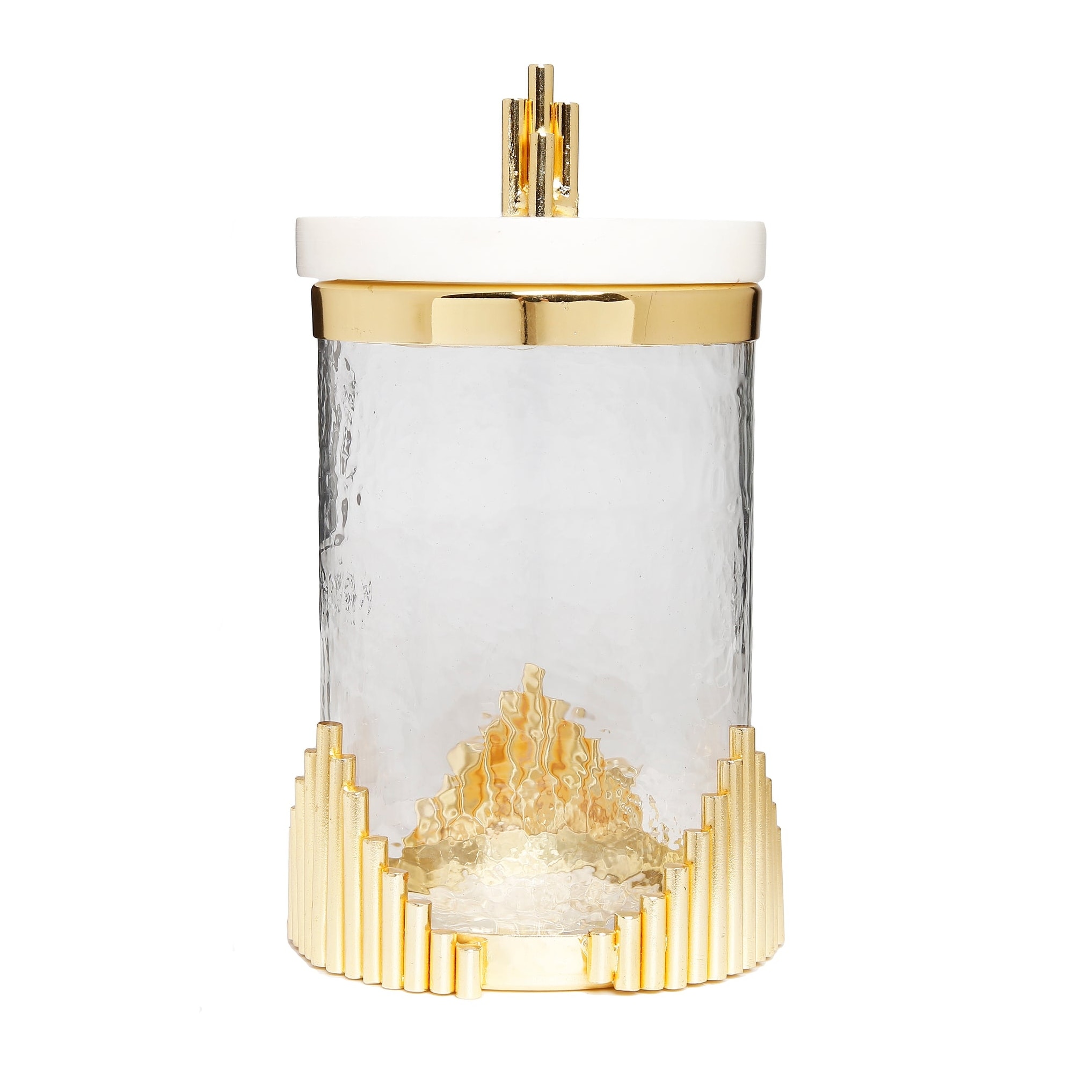 Large Glass Canister with Marble Lid and Symmetrical Gold Design