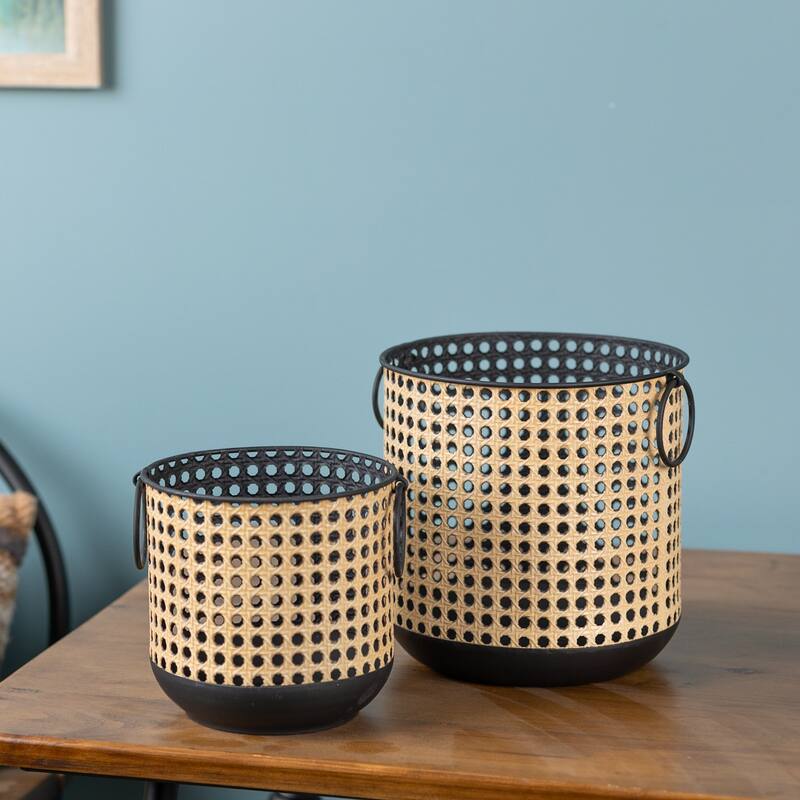 Punched Metal Candle Holder with Rattan Design (Set of 2)
