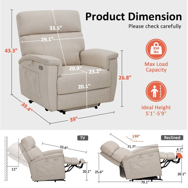 MCombo Power Recliner Lift Chair with Massage, Dual Heating and Adjustable Headrest for Big Elderly People, Fabric R7605
