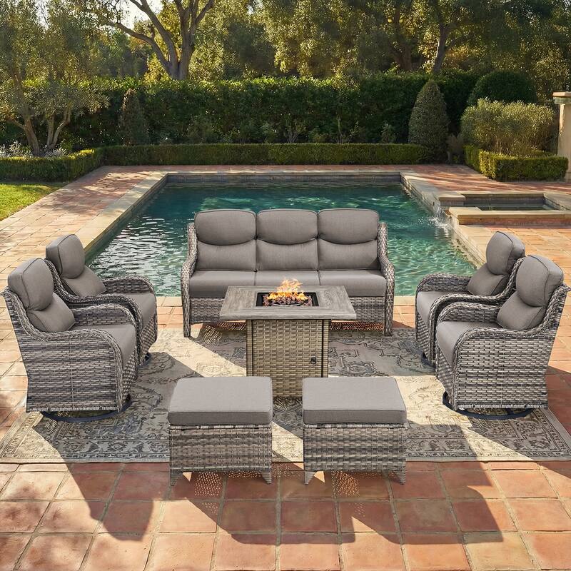 Pocassy Outdoor Propane Fire Table w/ Sofa Swivel Chair Ottoman Funiture Set. - Gray Wicker Gray Cushion - 8-Piece Sofa Swivel Chair Ottoman w/ Fie Table