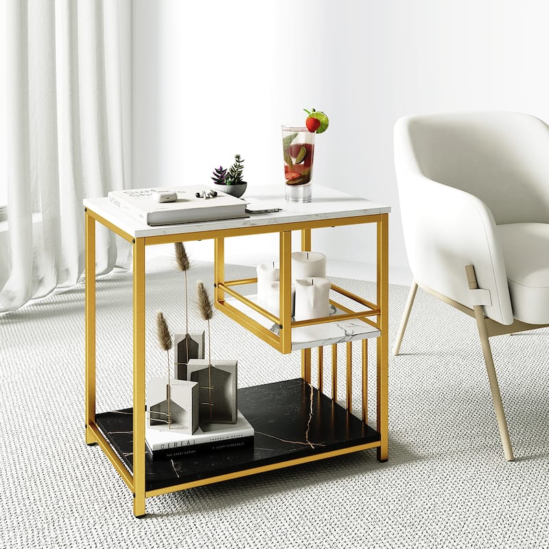 Gymax End Table 3-Tier Faux Marble Side Table w/ Storage Shelves