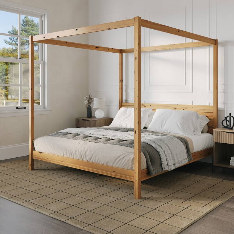 Modern Minimalist Boho King Canopy Bedframe in Natural Pine