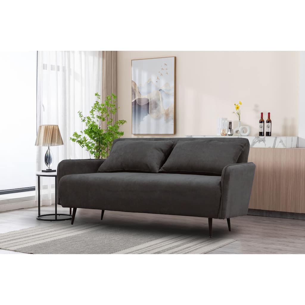 61"W Black Fabric Convertible Loveseat Sleeper With Pillows
