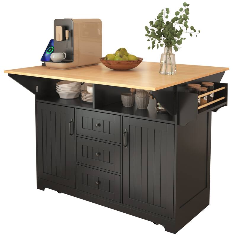 55.7" Large Kitchen Island with 2 Drop Leaf, on 5 Wheels with Power Outlet, Dining Table with Spice Towel Rack, 3 Drawers