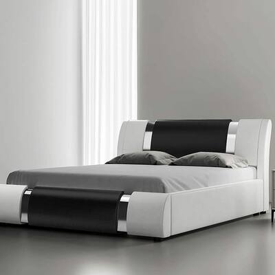 King Deluxe Bed with Iron Decor & Adjustable Headboard, Black W/ White
