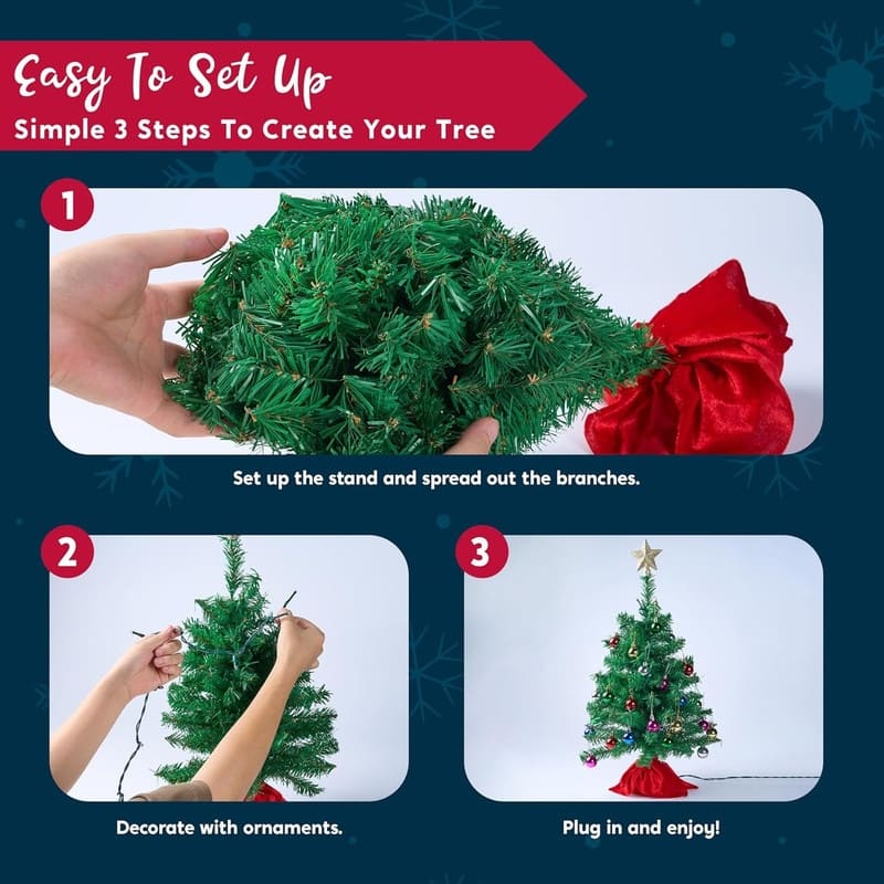 24"/2FT Mini Christmas Tree Tabletop Set with Clear LED Lights, with Star Treetop and Ornaments(Storage Bag Included)