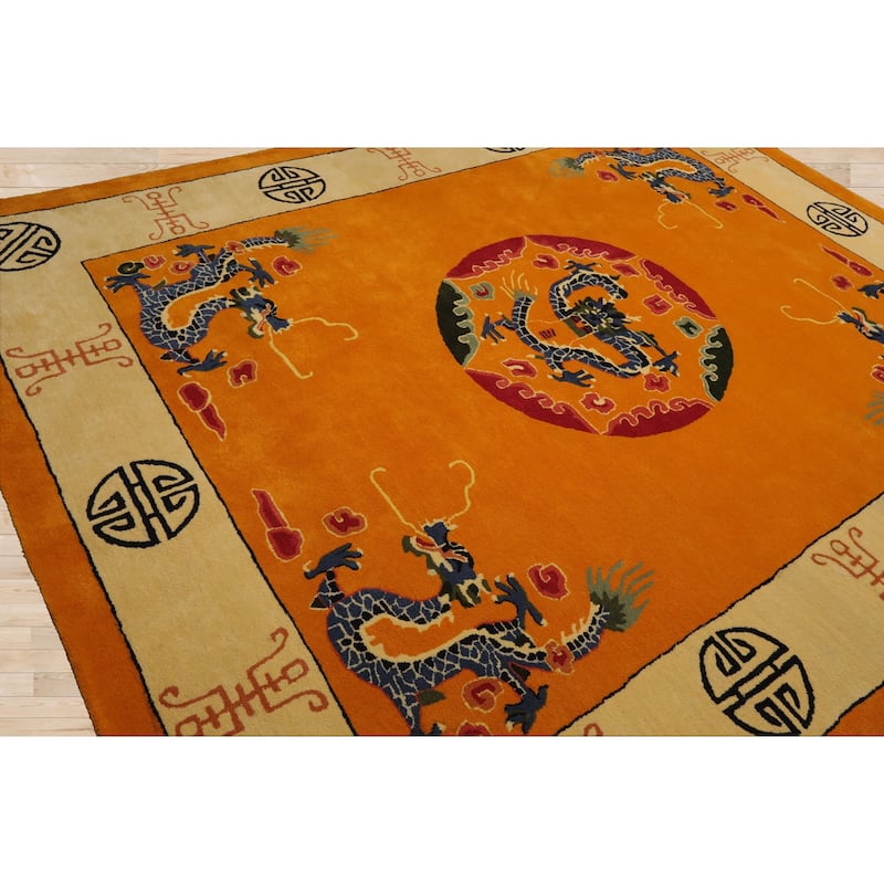 Gold Medallion & Dragon Chinese Art Deco New Zealand Wool Hand Tufted Multi Size Oriental Area Rug LoomBloom