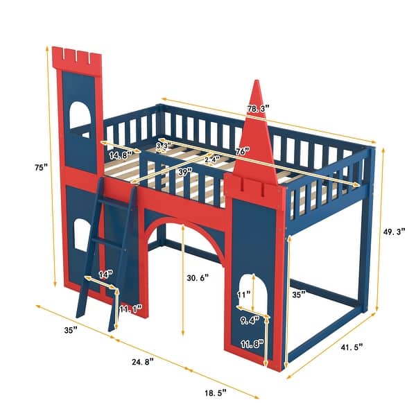 Twin Size Castle Shaped High Quality Pinewood Loft Bed with Underbed Storage Space and Side Rails