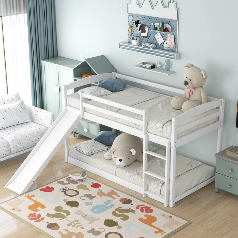 Convertible Twin Bunk Bed with Slide and Ladder in White