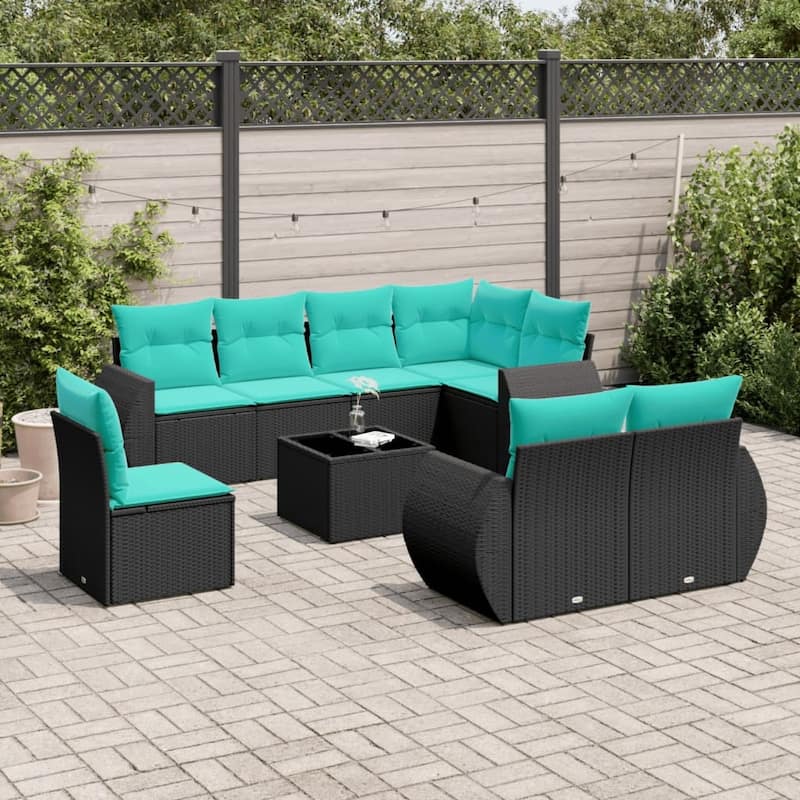 vidaXL 8 Piece Patio Sofa Set with Cushions Grey Poly Rattan - 24.4" x 24.4" x 27.2" - Black and blue With table