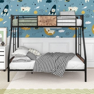 Twin over Full Metal Bunk Bed, Heavy Duty Frame with Safety Rail , 2 Side Ladders & Decorative Wood