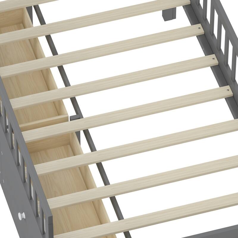 Twin Size Kids House Bed Frame with Storage Headboard and 4 Drawers, Wooden Platform Bed with Guardrail and Small Ladder