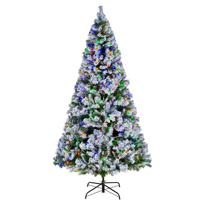 Green PVC and Iron 7.2x4.5 ft Snow Flocked Christmas Tree with 470 LED Lights - 4.5 x 7.2 ft