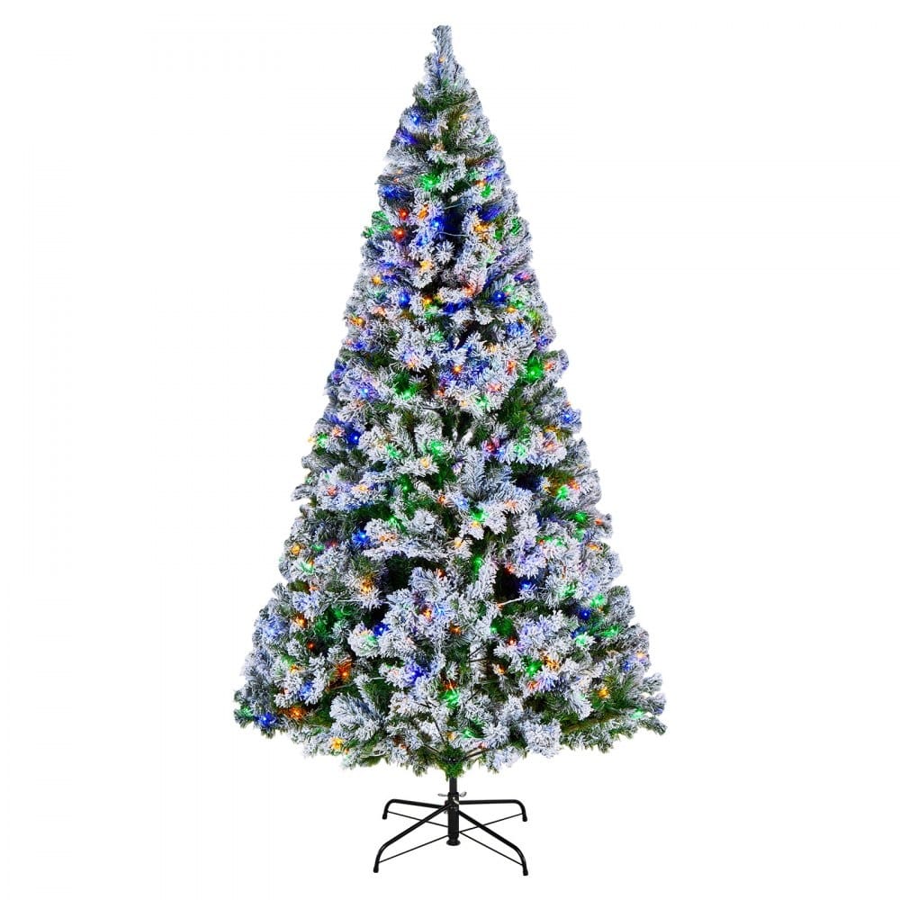Green PVC and Iron 7.2x4.5 ft Snow Flocked Christmas Tree with 470 LED Lights - 4.5 x 7.2 ft