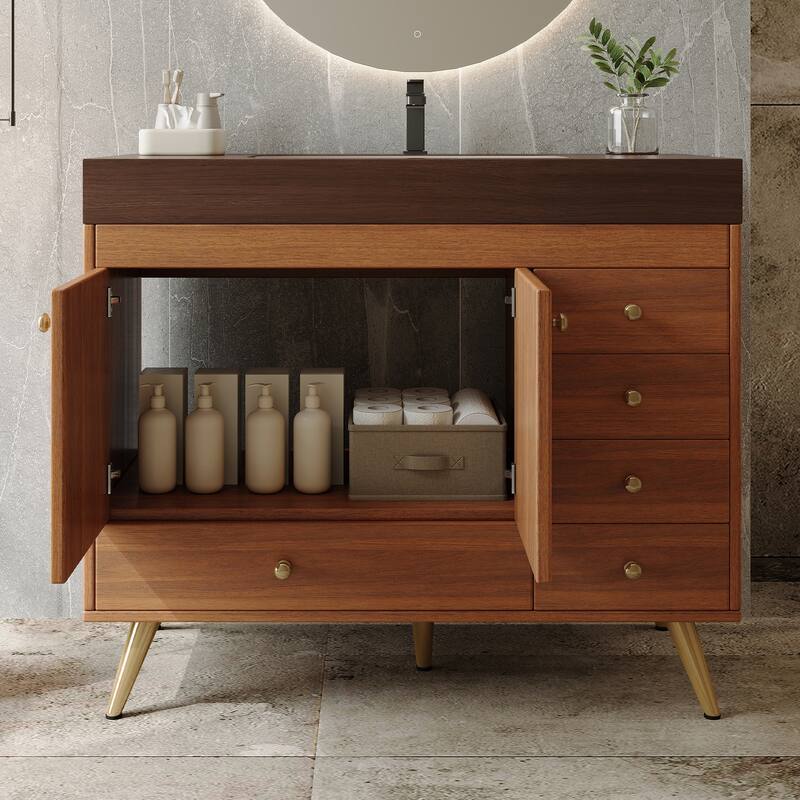 36" Freestanding Bathroom Vanity with Faux Marble Top, Ceramic Sink, 5 Drawers & Stainless Steel Legs