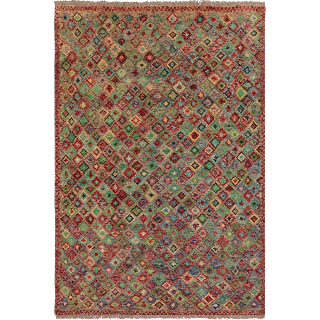 Modern Balochi Ponce Brown/Red Hand Knotted Wool Rug - 4'0'' x 5'9''
