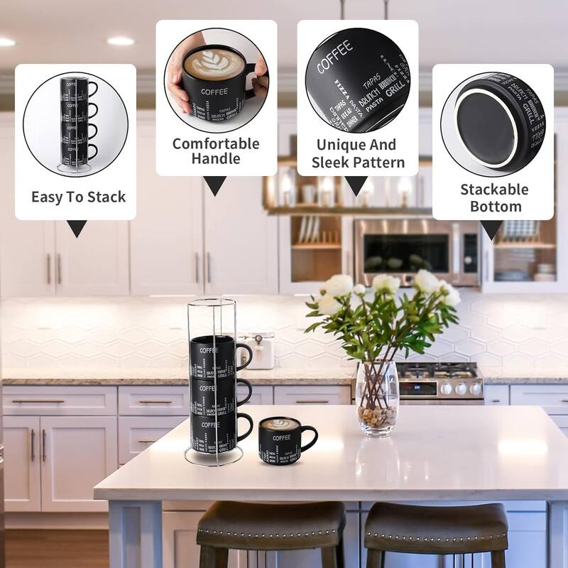Ceramic Coffee Mugs Set of 4 with Rack, 15 OZ Black Stacking Coffee