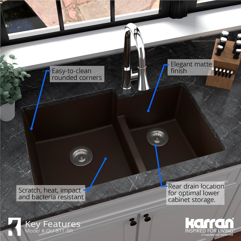 Karran Undermount Large/Small Bowl Quartz Kitchen Sink - 32" x 21.25" x 9" - 32" x 21.25" x 9"