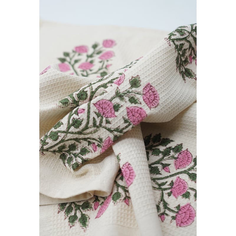 Fabdivine Hand Block Floral Print Waffle Weave Kitchen, Dining Room Use, Gift Hand Towel - Mehar- Pink, Dark Green - Set of 20