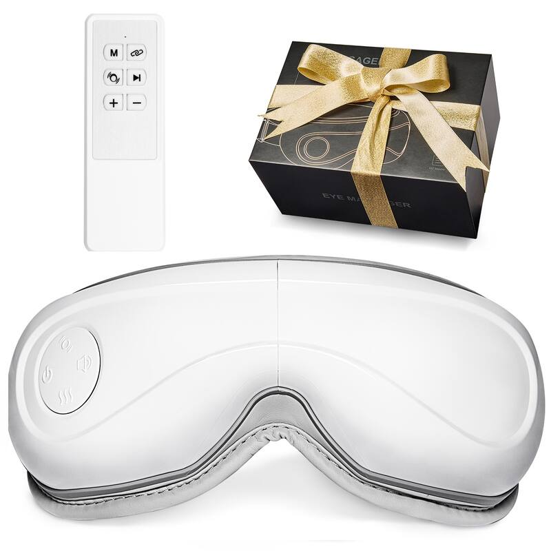 Eye Massager with Heat, Heated Eye Massage Mask with 5 Modes and Bluetooth Music, 180° Foldable Eye Care Massager - White - Remote Control