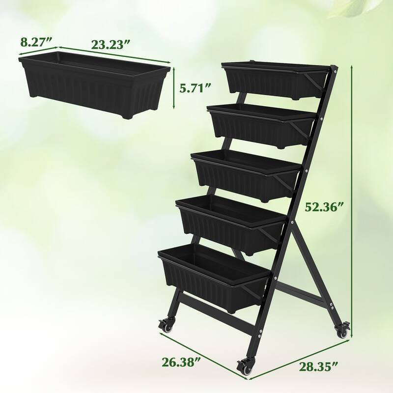 VECELO 5-Tier Rolling Plant Stand with Wheels Black Metal Tiered Plant Shelf with Removable Trays for Indoor Outdoor Garden Use