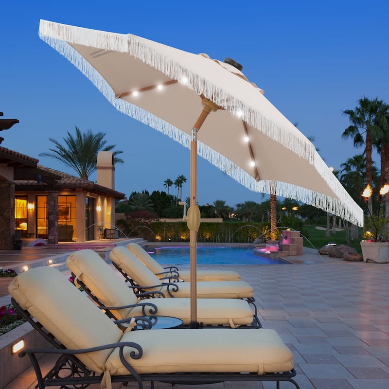Ainfox 7FT Outdoor Patio Umbrella with Tilt Fringe Tassel Umbrella with LED Solar Lights