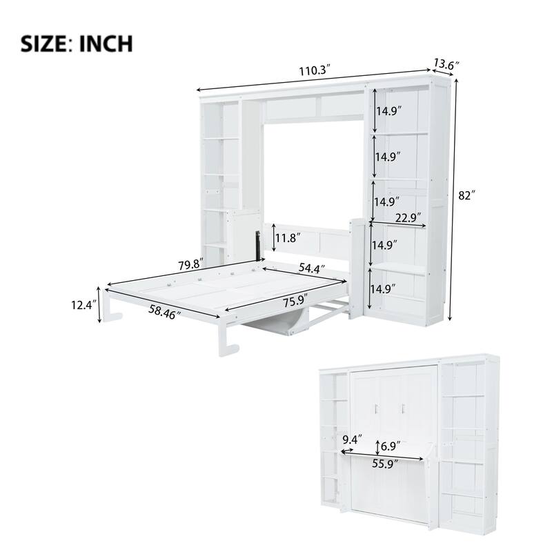 Full Size Murphy Bed with Desk and Bookshelf - White
