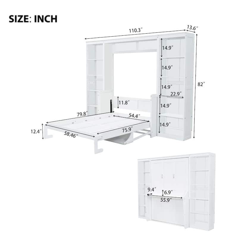 Large Murphy Bed, Wood Folding Wall Bed with Desk and Bookshelf