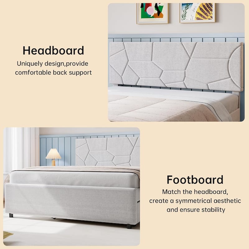 Twin to Full Trundle Upholstered Platform Bed with Headboard, Wood Slat Support, Ideal for Guest or Kids Room