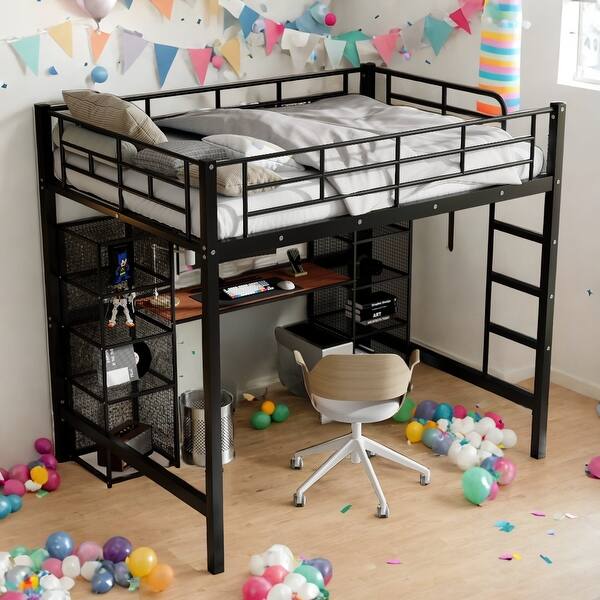 slide 2 of 9, Kids and Baby Full Size Metal Loft Bed with Built-in Desk,Shelves Brown+Black