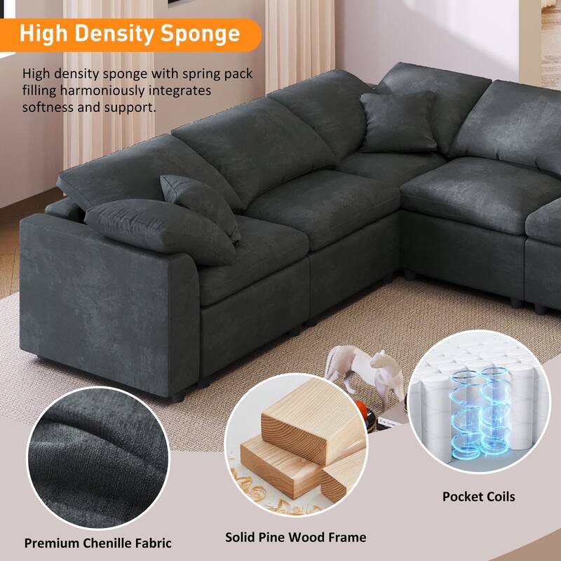 Oversized Modular Sectional Sofa, 7 Seater Corner Sofa, L-Shape Sofa Set with Movable Ottoman, Plush Chenille Fabric Large Sofa