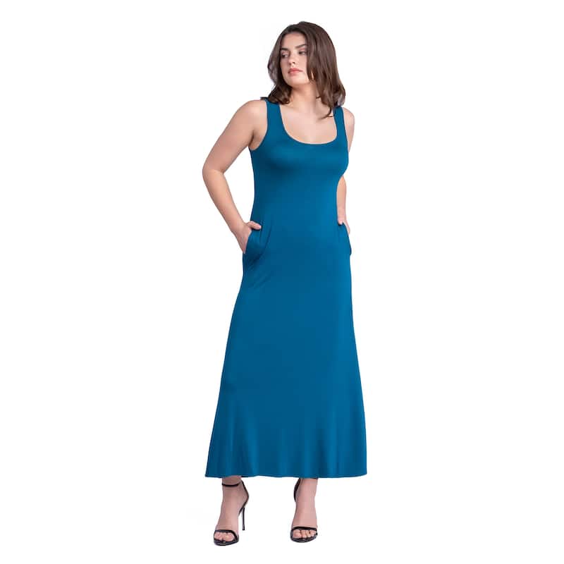 24seven Comfort Apparel Scoop Neck Sleeveless Maxi Dress with Pockets - Blue - L