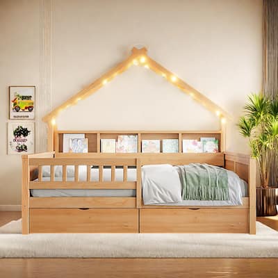 Full Size Platform Bed with LED Lights,Frame with 2 Storage Drawers and Shelves