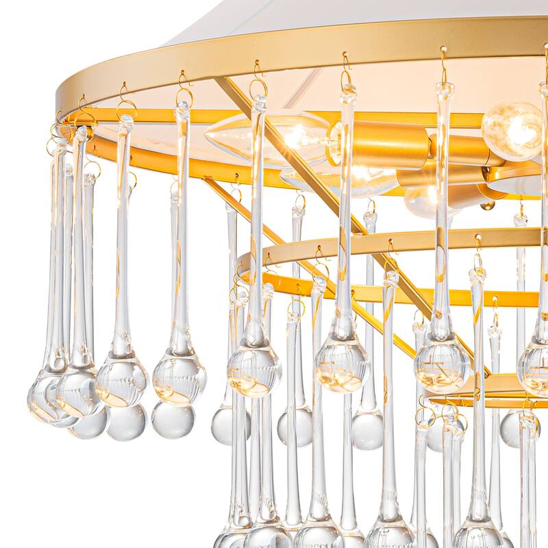 Brushed Gold Crystal Tiered Chandelier with Linen Shade Dining Room - Dia.23.62-in