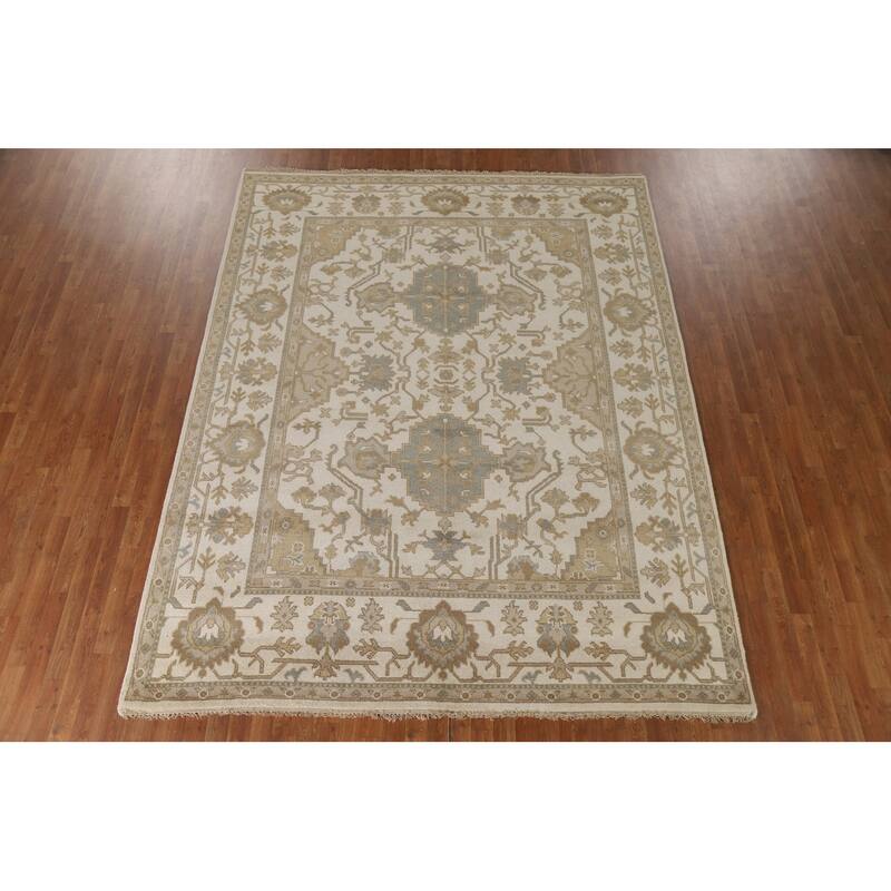 Floral Beige Oushak Oriental Area Rug Handmade Wool Carpet - 8'0"x 10'2"