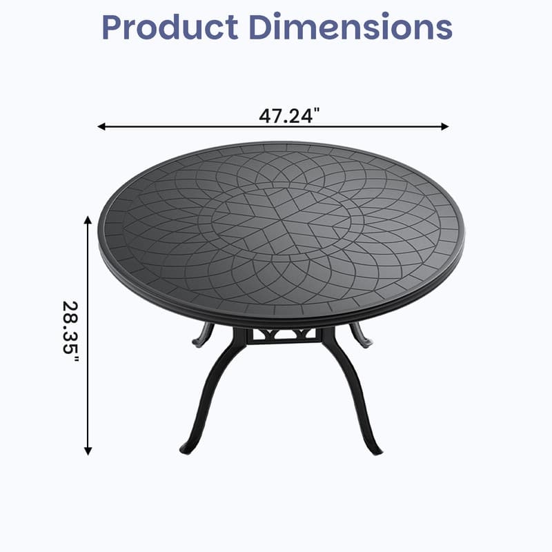 47.24 inch Black Round Cast Aluminum Patio Table with Retro Design