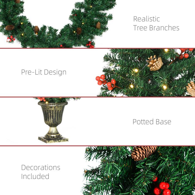 4-Piece Prelit Christmas Set with 2 Entrance Trees, Wreath & Garland, LED Lights, Red Berries & Pine Cones for Indoor/Outdoor