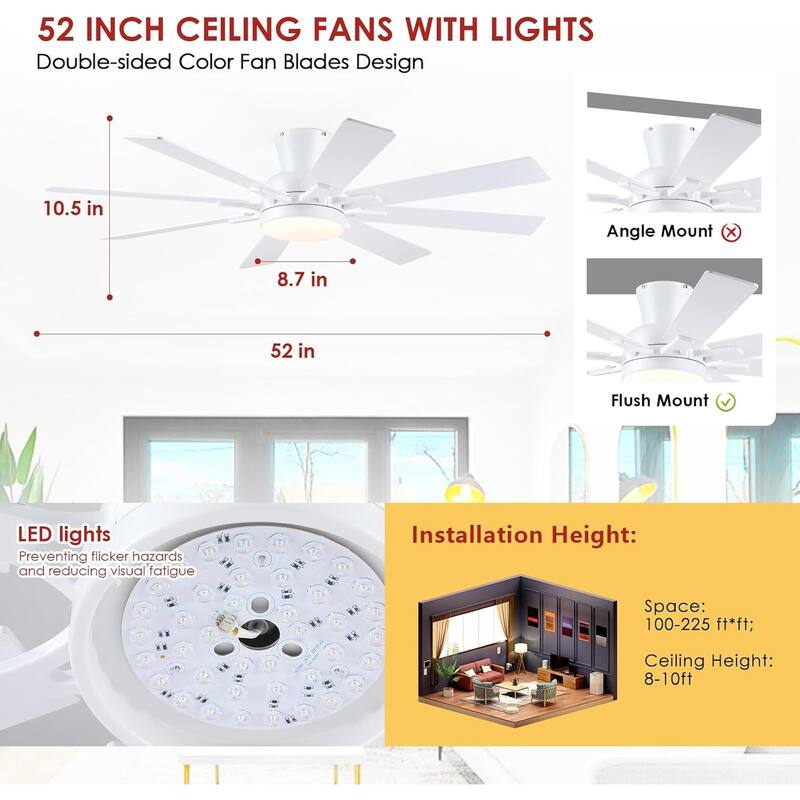 52 Inches Modern Ceiling Fan with Light and Remote 8 Plywood Blades for Bedroom Living Room - 52 Inches
