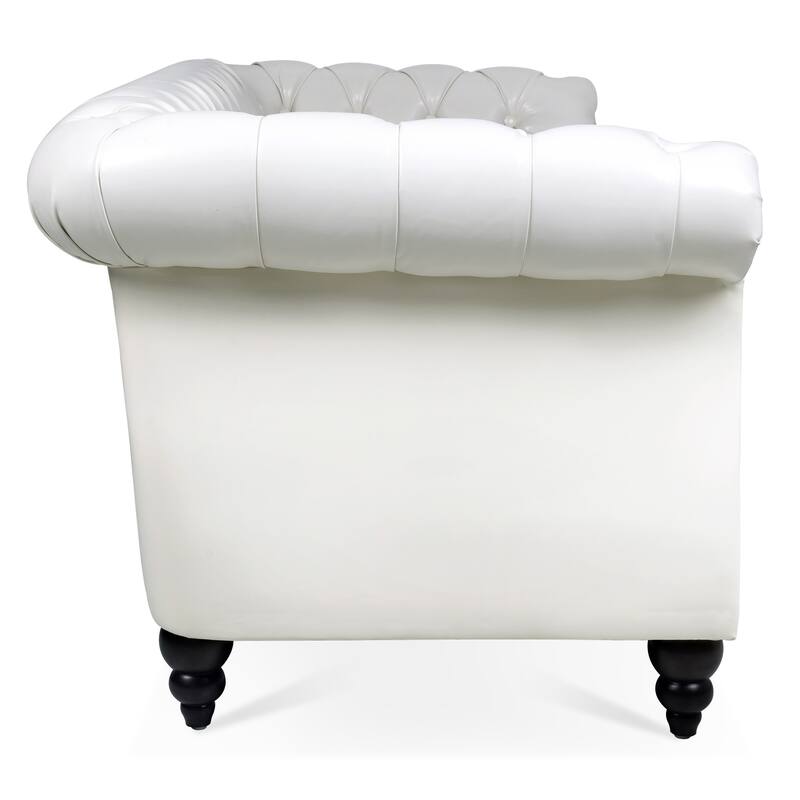 84" Chesterfield PU Leather Sofa with Rolled Arms, Button Back, Studs Trim, and Wood Legs