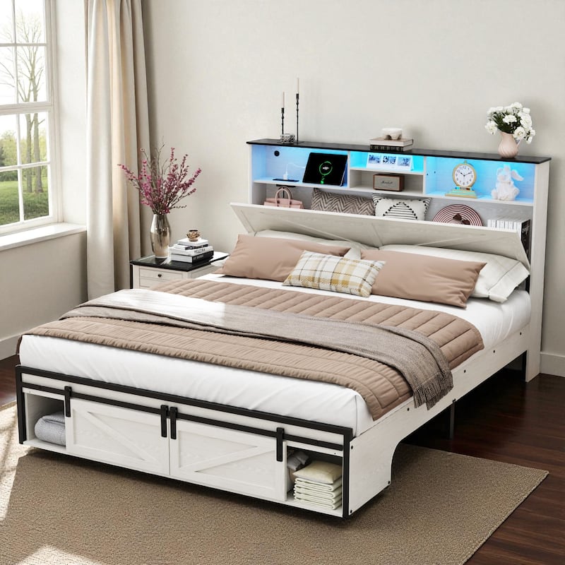 Farmhouse Full/Queen Bed Frame with Storage Headboard, Charging Station and RGB LED Lights, MDF and Steel Platform Bed