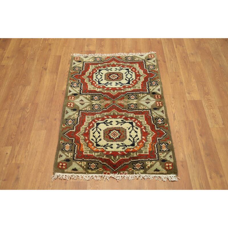 Hand Knotted Oriental 100% Wool Carpet Traditional Geometric Green Kazak Area Rug - 3' 0'' X 2' 0''